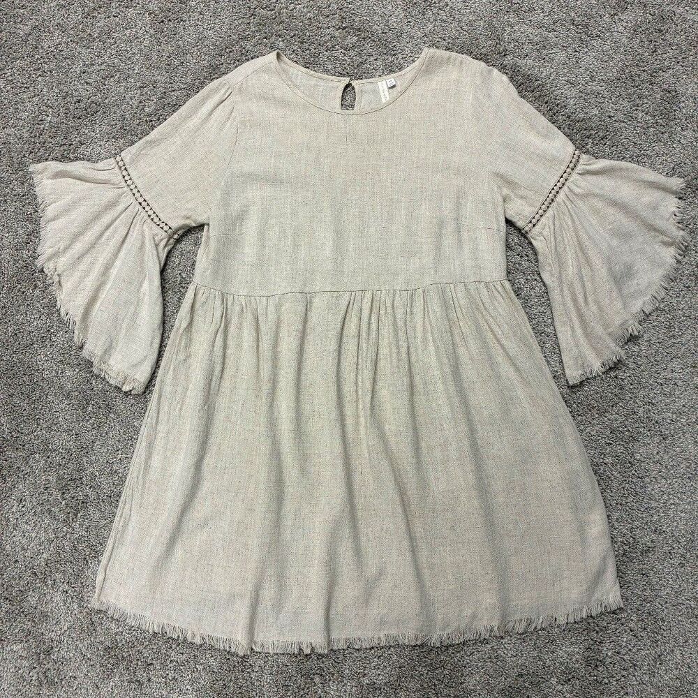 Pink Blush Linen Blend Boho Babydoll Dress - Women’s M Beige Bell Sleeve Fringe
